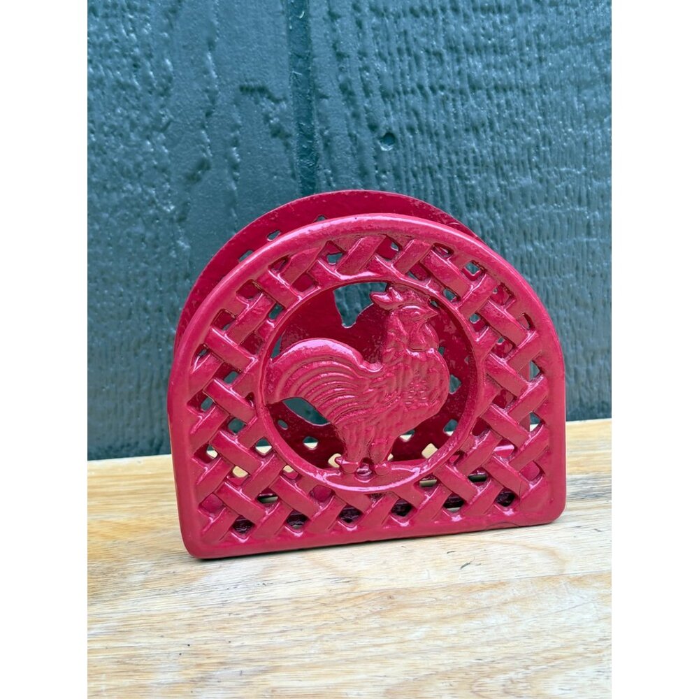 Grant Howard Red Cast Iron Rooster Napkin Holder Tabletop Farmhouse Kitchen